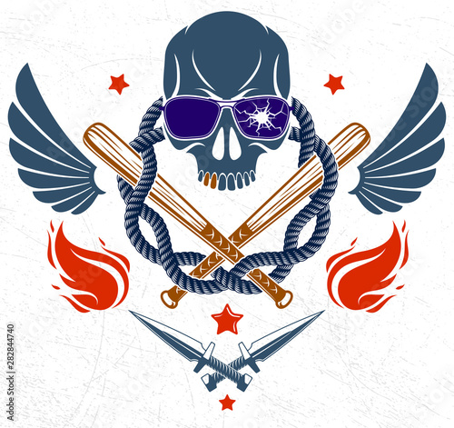 Gangster emblem logo or tattoo with aggressive skull baseball bats and other weapons and design elements, vector, criminal ghetto vintage style, gangster anarchy or mafia theme.