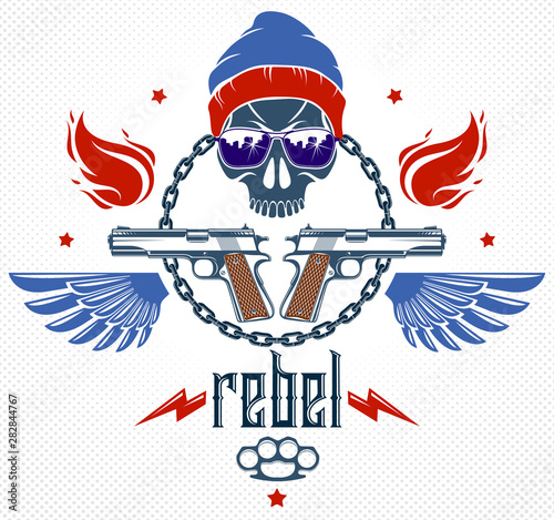 Revolution and Riot wicked emblem or logo with aggressive skull, weapons and different design elements , vector tattoo, anarchy and chaos, rebel partisan and revolutionary.