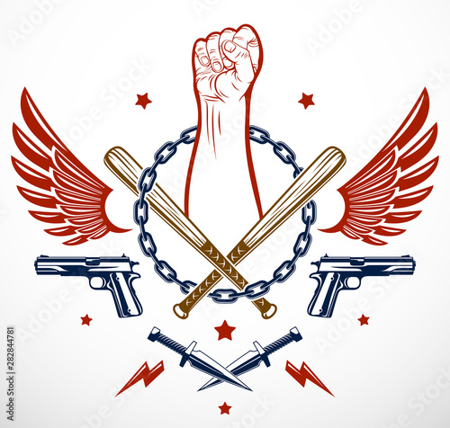 Revolution and Riot aggressive emblem or logo with strong clenched fist, weapons and different design elements , vector tattoo, anarchy and chaos, rebel partisan and revolutionary.