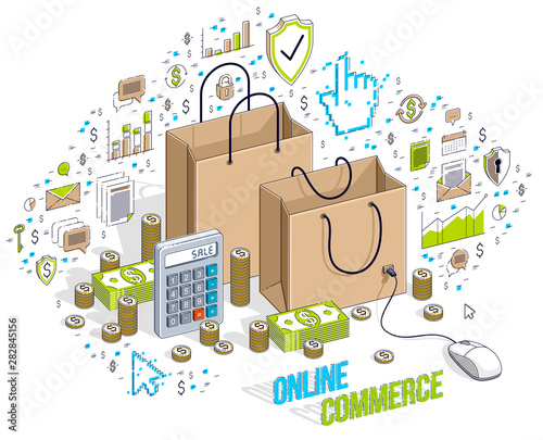 Online Shop concept, web store, internet sales, Shopping bag with pc mouse connected isolated on white. 3d vector business isometric illustration with icons, stats charts and design elements.