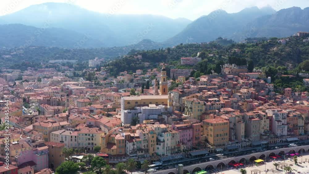 the basilica of Saint-Michel-Archange of Menton aerial shot sunny day Pearl of France the basilica of Saint-Michel-Archange of Menton aerial shot sunny day Pearl of France