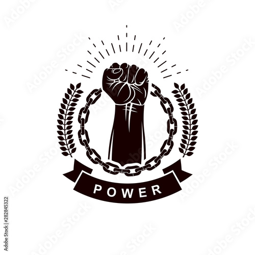 Vector emblem composed using strong muscular raised clenched fist surrounded with iron chain. Can be used as sport team emblem or revolution leader abstract sign.