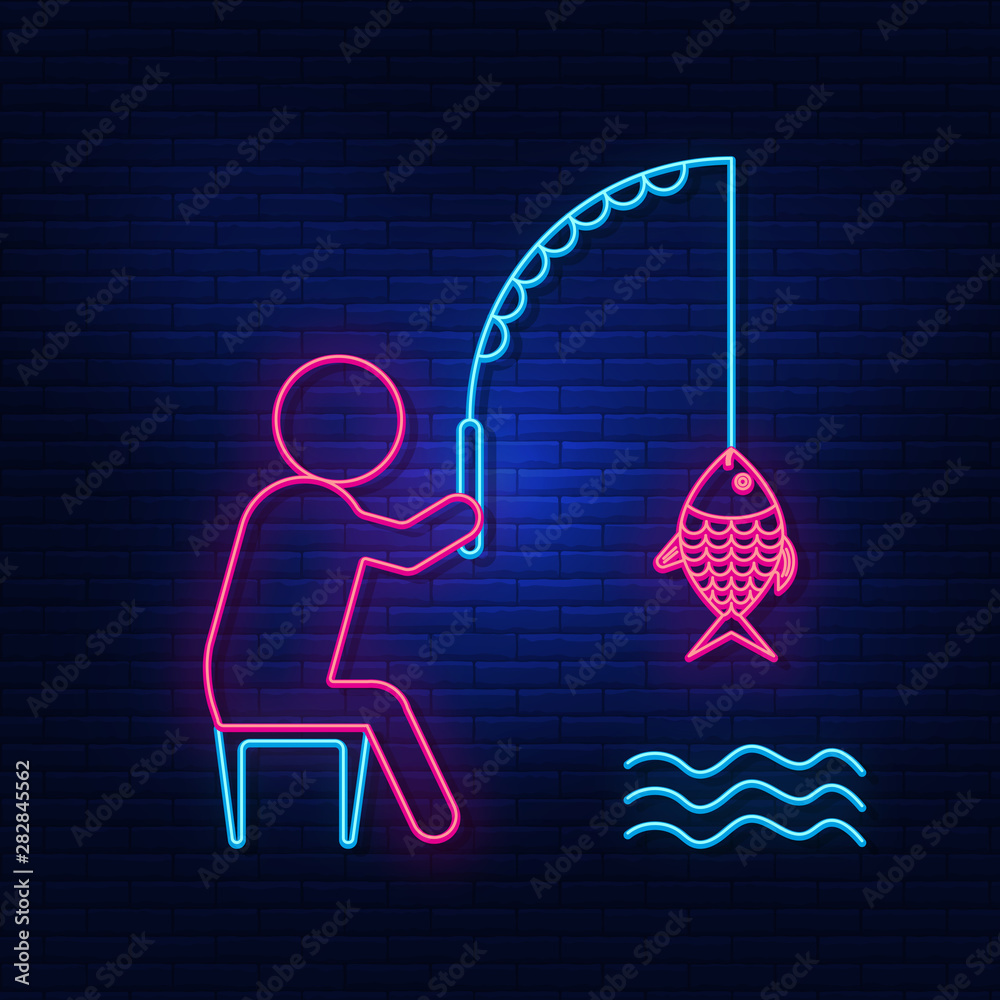 The neon lights of fishing. Bright advertising fisherman, fish