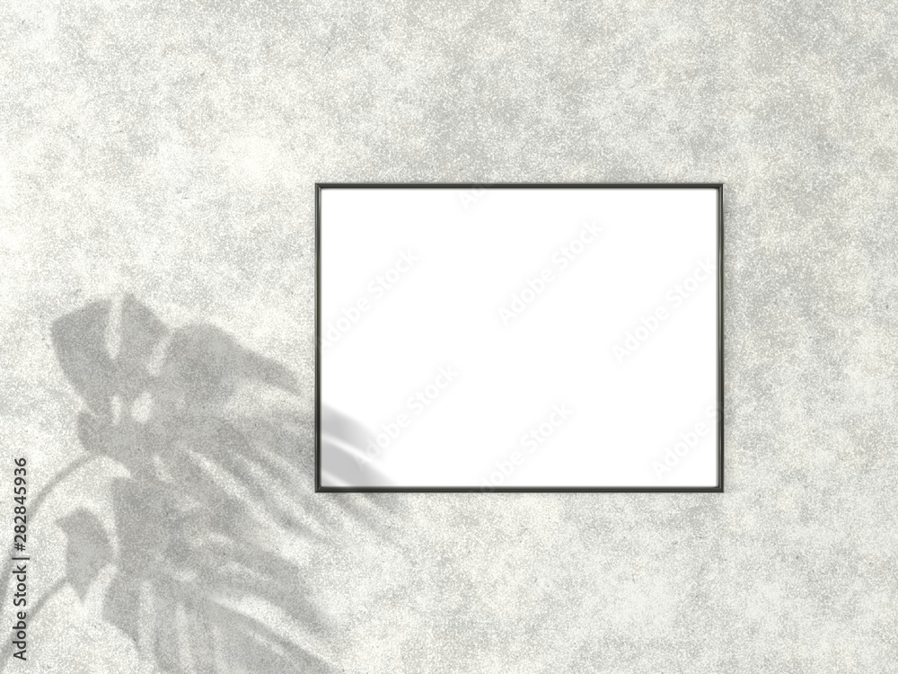 3x4 horizontal Black frame for photo or picture mockup on concrete background with shadow of monstera leaves. 3D rendering. 3x4 horizontal Black frame for photo or picture mockup on concrete background with shadow of monstera leaves. 3D rendering.