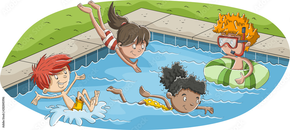 Cute happy cartoon children jumping into a swimming pool. Stock Vector |  Adobe Stock