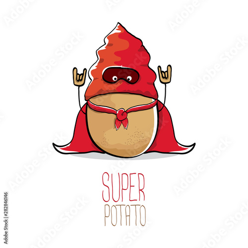 vector funny cartoon cute brown super hero potato with red hero cape isolated on white background. My name is potato vector concept. super vegetable funky character