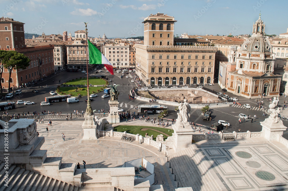 View of the city of Rome Italy with Italian flag