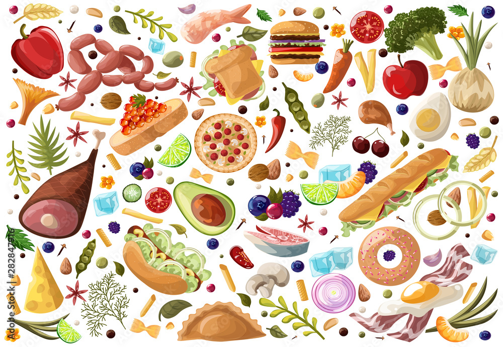 Big Set Food. Vegetables and Meat , fastfood, fish, fruits, sweets and dried fruit hand drawn of healthy food ingredient doodles in vector Big Set Food. Vegetables and Meat , fastfood, fish, fruits, sweets and dried fruit hand drawn of healthy food ingredient doodles in vector