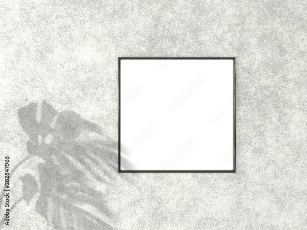 1x1 square Black frame for photo or picture mockup on concrete background with shadow of monstera leaves. 3D rendering.
