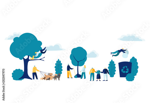 Team People Doing volunteer work. Volunteering, charity, and ecology vector illustration concept - group smiling young men with garbage bags cleaning in park and support elder persons. Cartoon flat