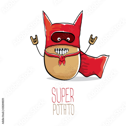 vector funny cartoon cute brown super hero potato with red hero cape isolated on white background. My name is potato vector concept. super vegetable funky character