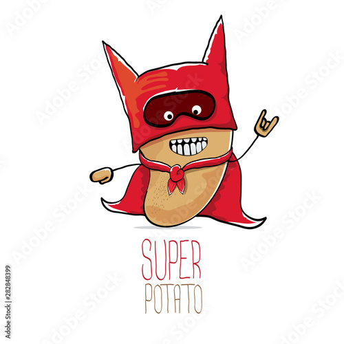 vector funny cartoon cute brown super hero potato with red hero cape isolated on white background. My name is potato vector concept. super vegetable funky character