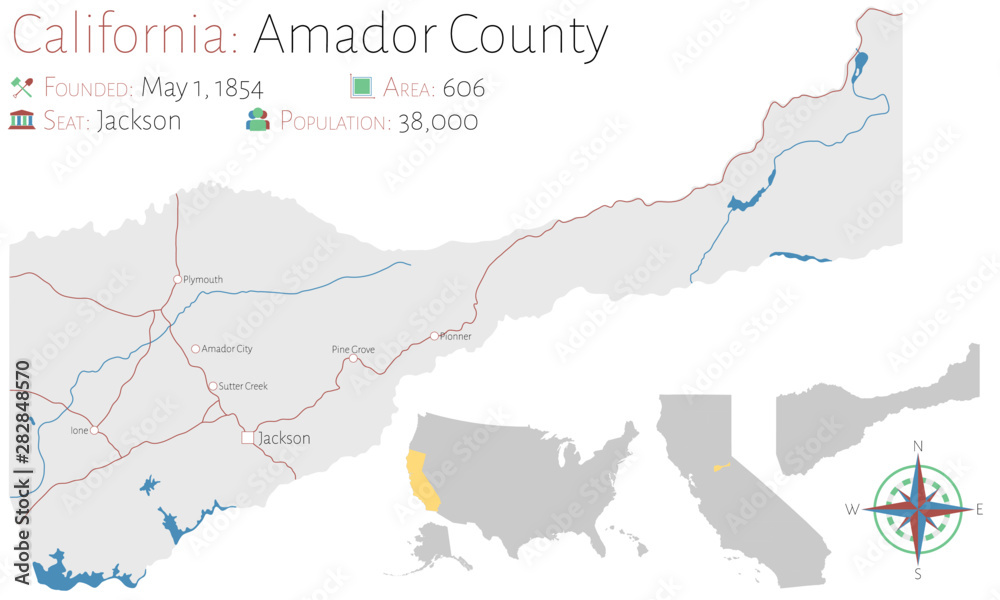 Large and detailed map of Amador county in California, USA