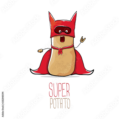vector funny cartoon cute brown super hero potato with red hero cape isolated on white background. My name is potato vector concept. super vegetable funky character