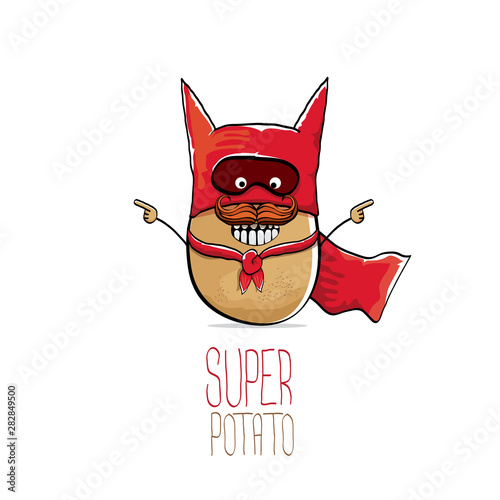 vector funny cartoon cute brown super hero potato with red hero cape isolated on white background. My name is potato vector concept. super vegetable funky character