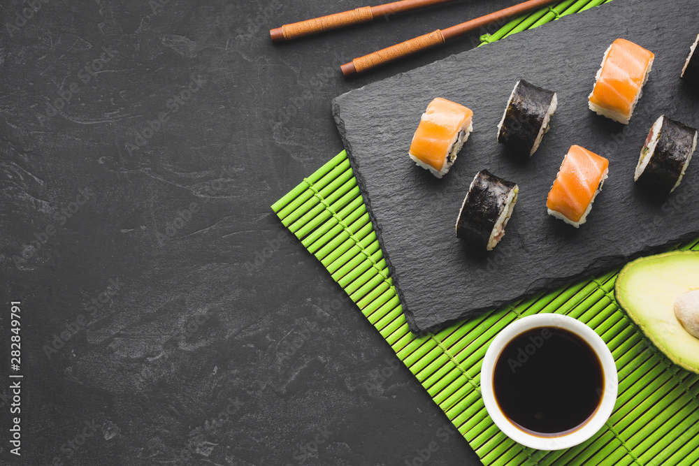 Flat lay sushi arrangement with copy space Flat lay sushi arrangement with copy space