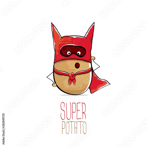 vector funny cartoon cute brown super hero potato with red hero cape isolated on white background. My name is potato vector concept. super vegetable funky character