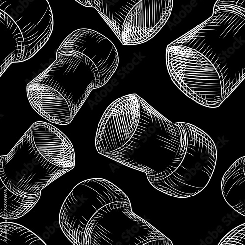 Champagne wine bottle cork seamless pattern on black background.