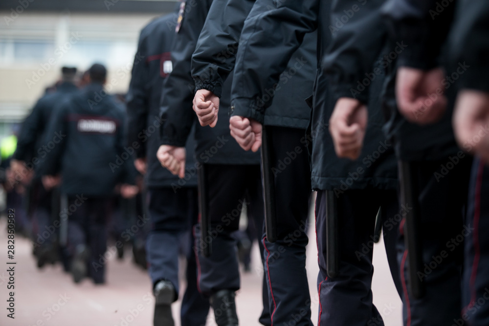 Russian police squad formation back view with Russian police squad formation back view with