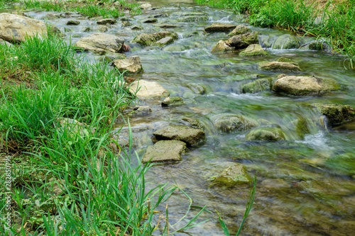 Small river. Green grass. Stones