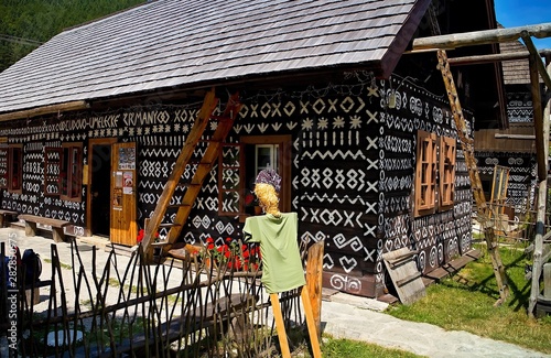 Tela Slovak village Cicmany - famous distinctive village with decorated wooden houses with ornaments and inherent folklore and atmosphere