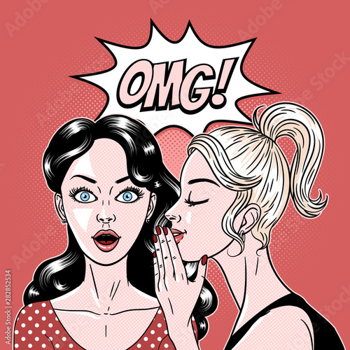 Comic style beautiful young women gossiping, surprised expression, secret, omg, wow, pop art, vector illustration