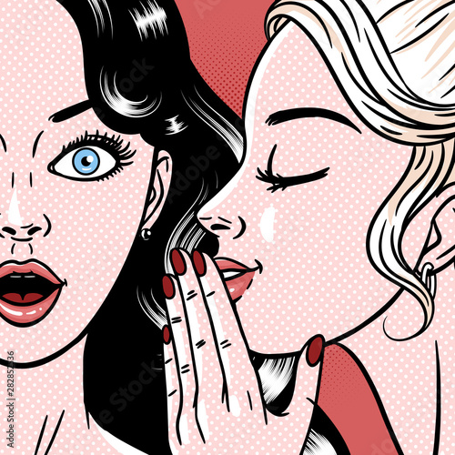 Comic style beautiful young women gossiping, surprised expression, secret, omg, wow, pop art, vector illustration