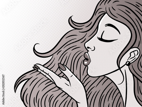 Comic style pop art girl in profile blowing a kiss, beautiful woman, vector illustration