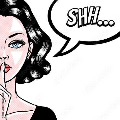 Comic style beautiful young woman holding a finger to her mouth, secret, whisper, psst, pop art, vector illustration