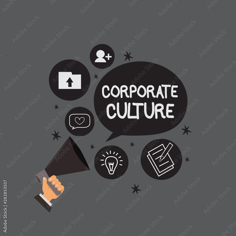 Writing note showing Corporate Culture. Business photo showcasing Beliefs and ideas that a company has Shared values.
