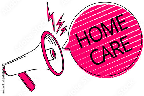 Text sign showing Home Care. Conceptual photo Place where people can get the best service of comfort rendered Megaphone loudspeaker pink speech bubble stripes important loud message photo