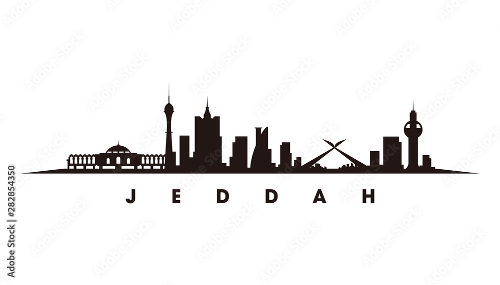 Jeddah skyline and landmarks silhouette vector