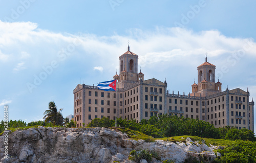 Havana, Cuba-October 07, 2016. Close up viw of Hotel Nacional de Cuba, historic Spanish eclectic style hotel in Havana city. Located on the sea front of the Vedado district, it stands on Taganana Hill
