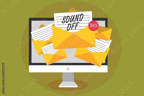 Conceptual hand writing showing Sound Off. Business photo text To not hear any kind of sensation produced by stimulation Computer receiving emails messages envelopes with papers virtual photo