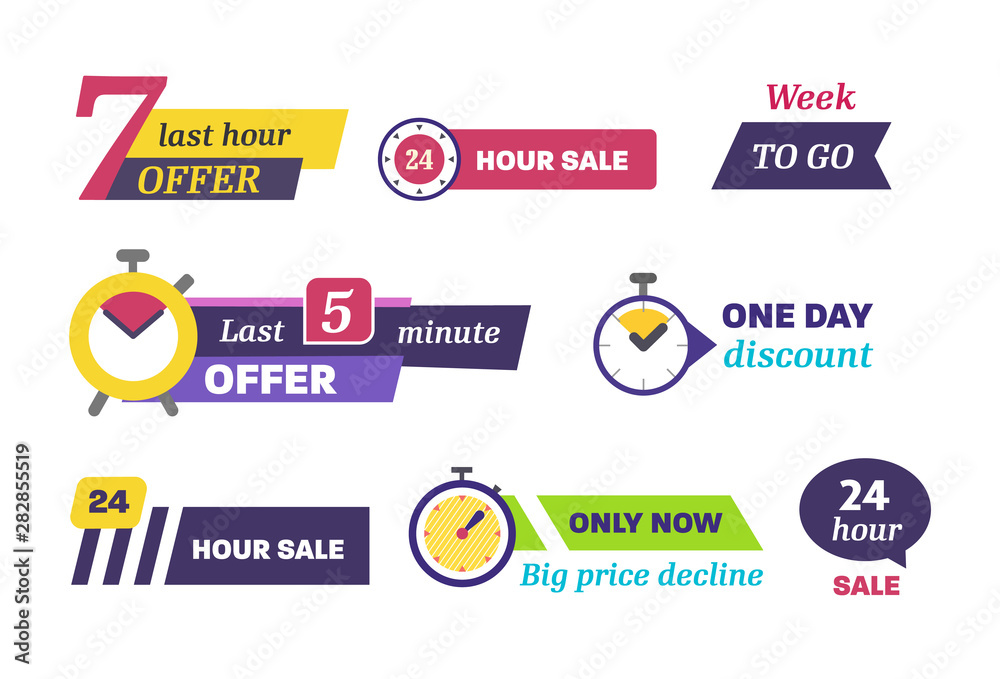 Sale countdown days left badge. One, five minute last down count offer banner, one day discount and sale stickers. Logos, signs, stickers, deal badge template for advertising, promotion, shop market.