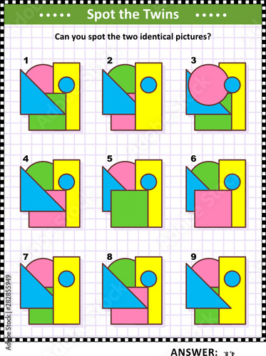 IQ training educational math puzzle for kids and adults with basic shapes - triangle, rectangle, circle, square - overlays and colors: Can you spot the two identical pictures? Answer included.