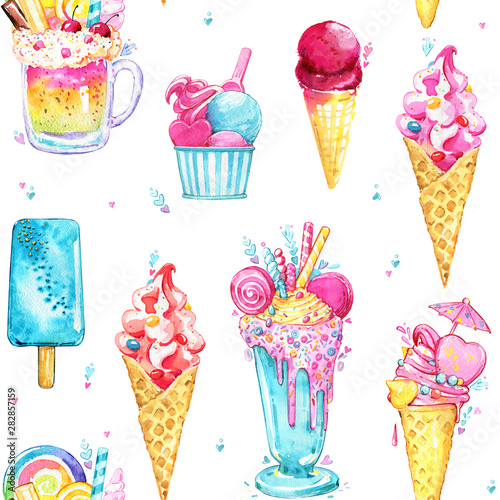 summer Ice cream popsicle cocktail pattern blue watercolor seamless