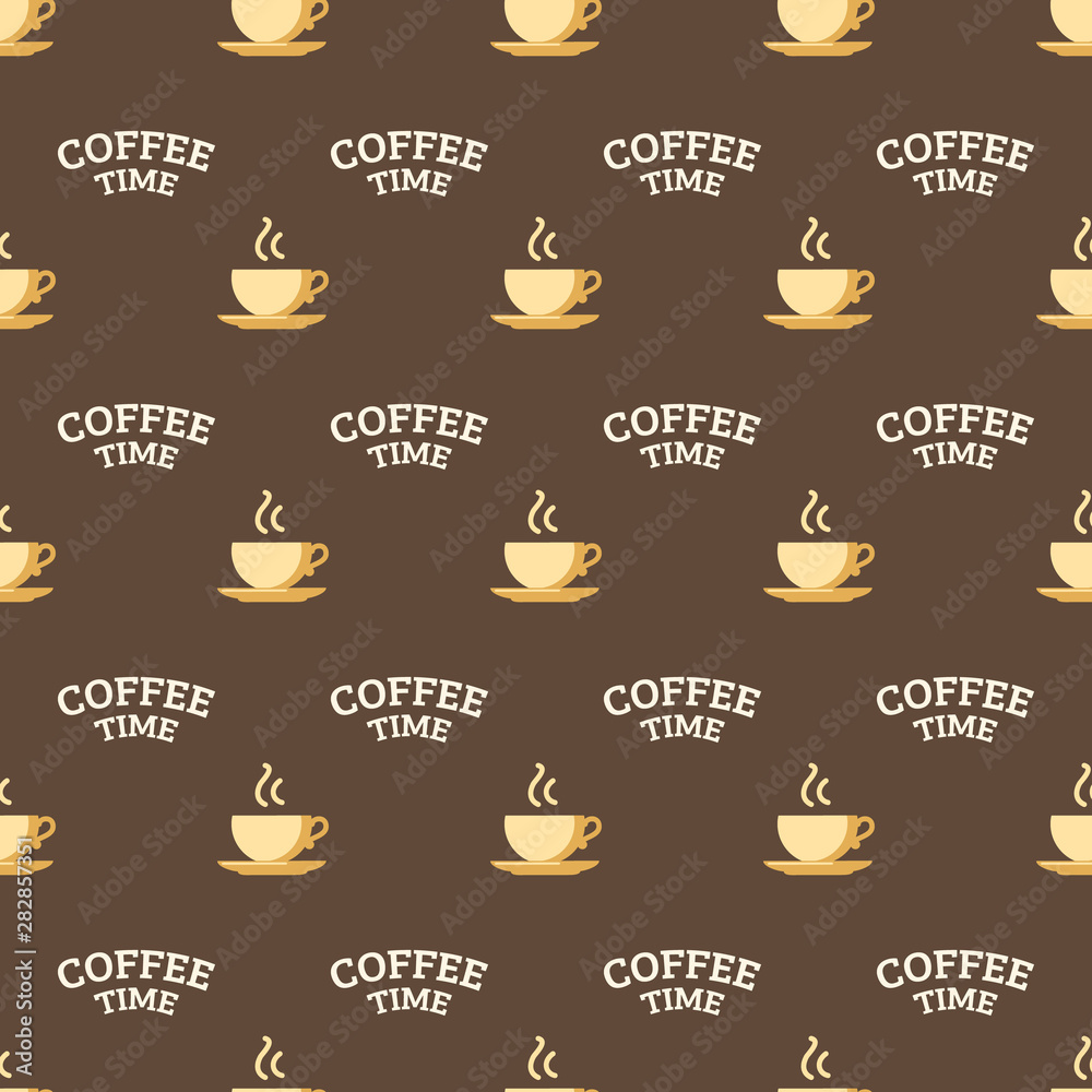 Steaming cups and text. Seamless pattern.