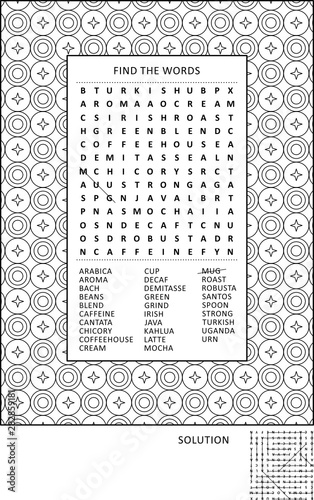 Puzzle and coloring activity page for grown-ups with coffee themed word search puzzle (English) and wide decorative frame to color. Family friendly. Answer included.