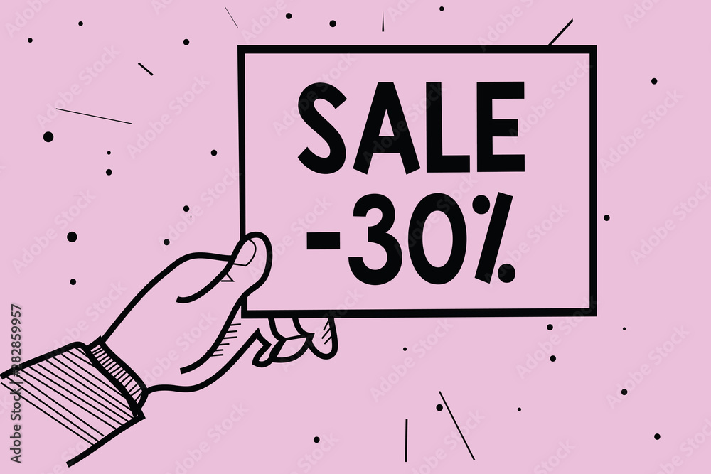Fototapeta premium Word writing text Sale 30. Business concept for A promo price of an item at 30 percent markdown Man hand holding paper communicating information dotted purple background
