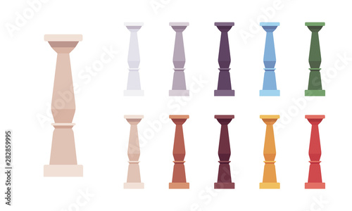 Column baluster set. Spindle, short pillar for decorative design elements, stairway railing, exterior decor. Vector flat style cartoon illustration isolated on white background, different vivid colors