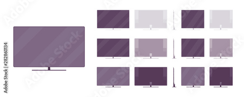 LCD TV set system. Liquid crystal display television technology for home theater setup, wide screen. Vector flat style cartoon illustration isolated on white background, different views and colors
