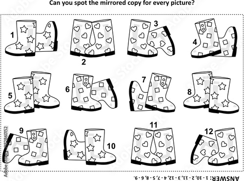 IQ training visual puzzle with rubber boots: Try to find mirrored copy for every picture. Answer included.