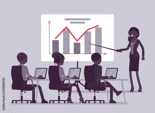 Business presentation, meeting in office. Gathering for selling idea or product, training purposes, speech to motivate company audience, tutorial for workers. Vector illustration, faceless characters