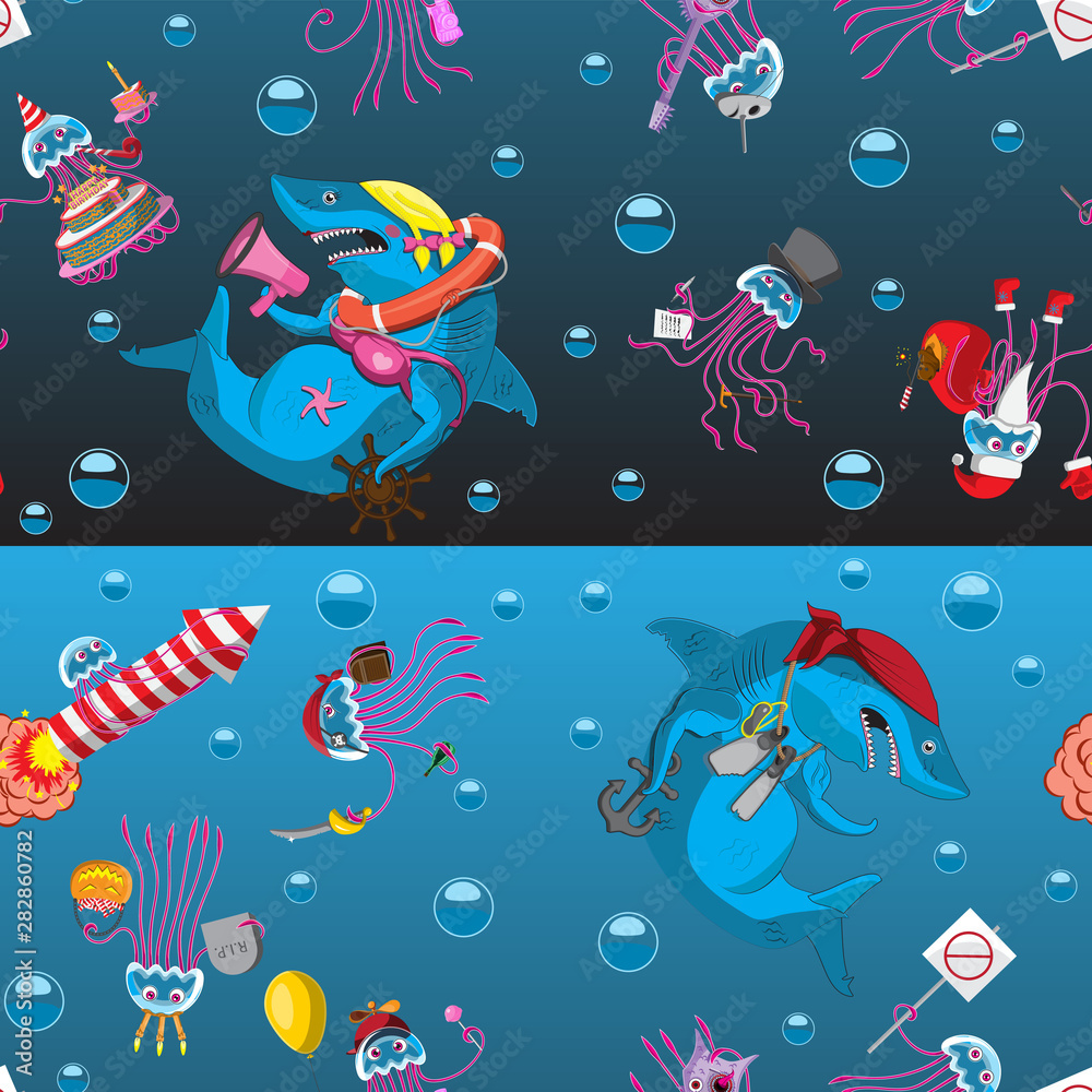 Obraz premium Seamless background character Medusa emotion bubbles shark on a black blue background. Kids printing textile banner background. Vector image. eps 10