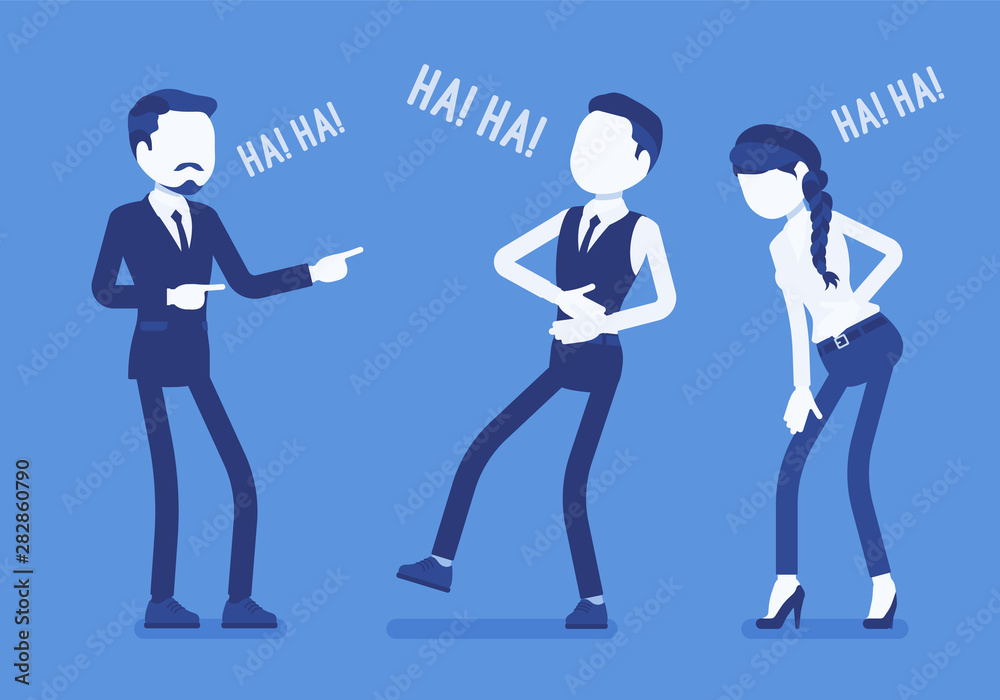 Business people joking, laughing. Businessmen and businesswoman being in a good mood, enjoy funny office story or trick, employee humour for amusement at work. Vector illustration, faceless characters