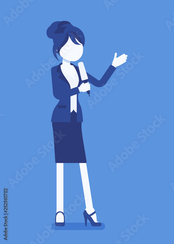 News presenter, female newsreader, newscaster broadcasting. Young woman with Tv interview microphone, anchorman standing presenting breaking news, information. Vector illustration, faceless character