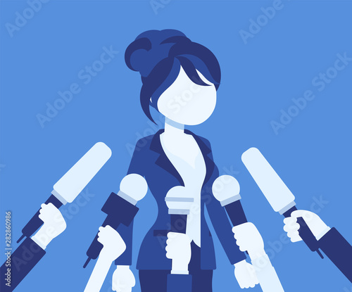 Tv interview microphones, broadcasting female speech. Popular young woman recording opinion, business, political celebrity giving comments for news. Vector illustration, faceless character