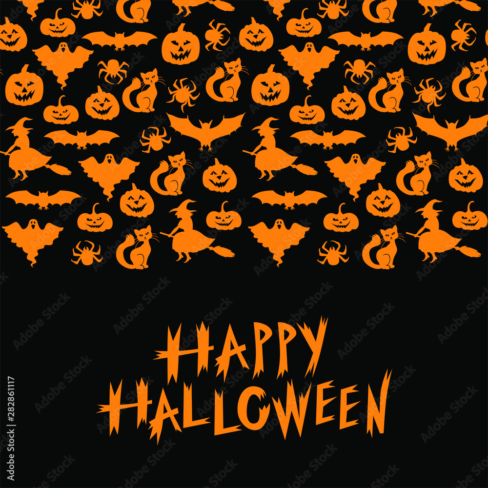 Vector illustrations of Halloween symbols horizontal ornament greeting card on black background