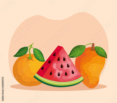 delicious orange with watermelon and mango with leaves